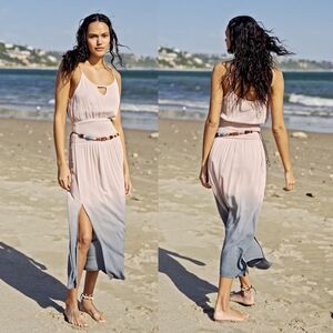 Promesa Grey Ombre Midi Dress with Side Slit Flowy Beach Boho Vacation